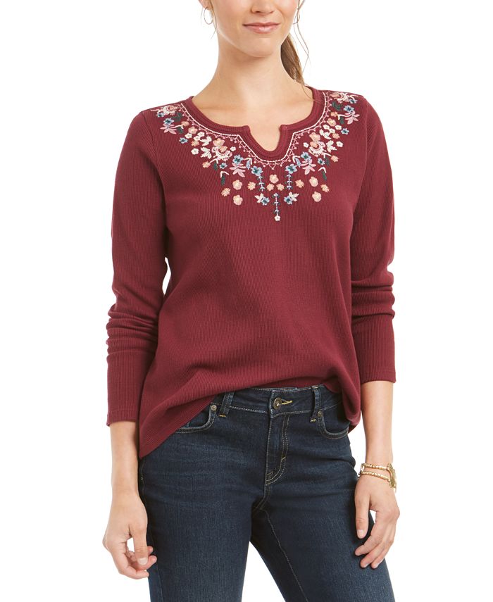 Style & Co Women's Embroidered Cotton Thermal Top Red Size Petite M