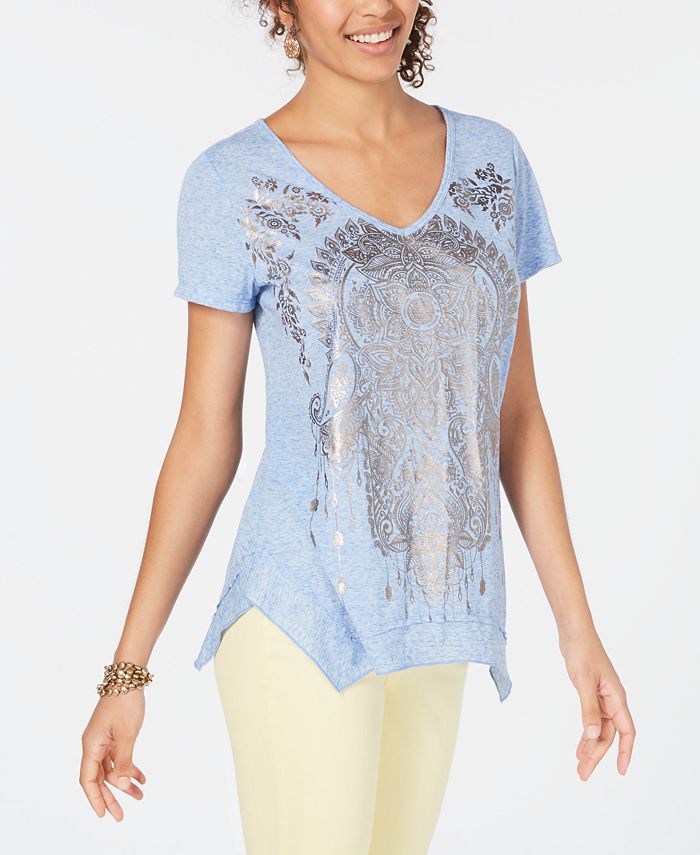 Style & Co Women's Metallic Print High Low Top Blue Size X-Large