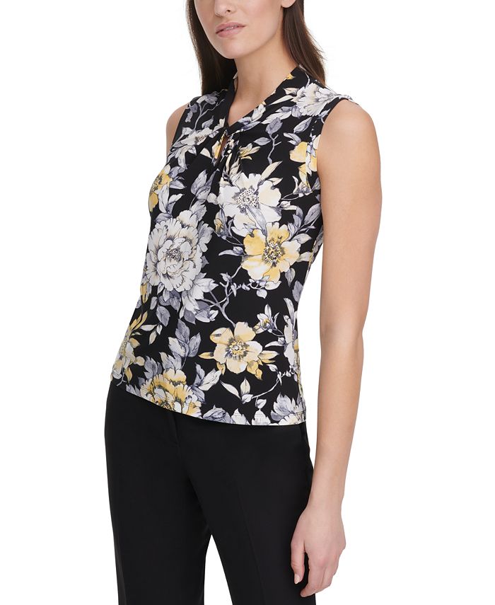 Tommy Hilfiger Women's Floral Print Twist Neck Top -Navy Size S