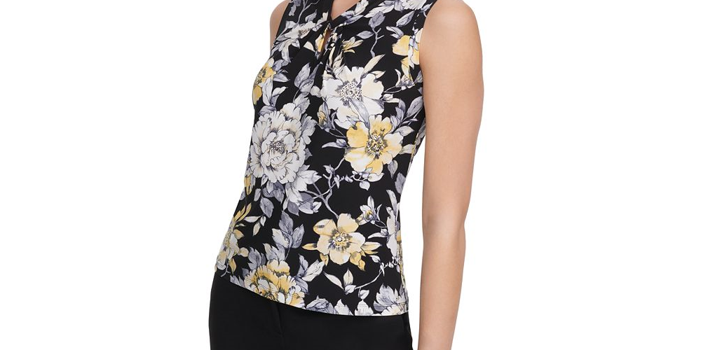 Tommy Hilfiger Women's Floral Print Twist Neck Top -Navy Size S