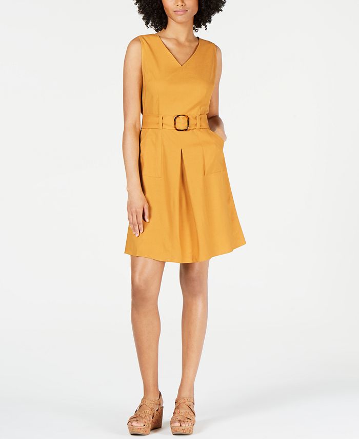 Monteau Women's Belted Fit & Flare Dress Yellow Size Petite X-Large