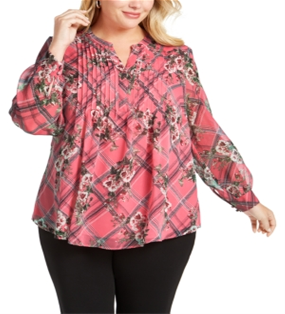 Charter Club Women's Printed Pintuck Front Top Pink Size 0X