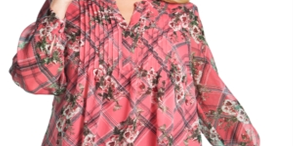 Charter Club Women's Printed Pintuck Front Top Pink Size 0X