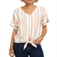 Style & Co Women's Striped Tie Front V Neck Top Pink Size Medium