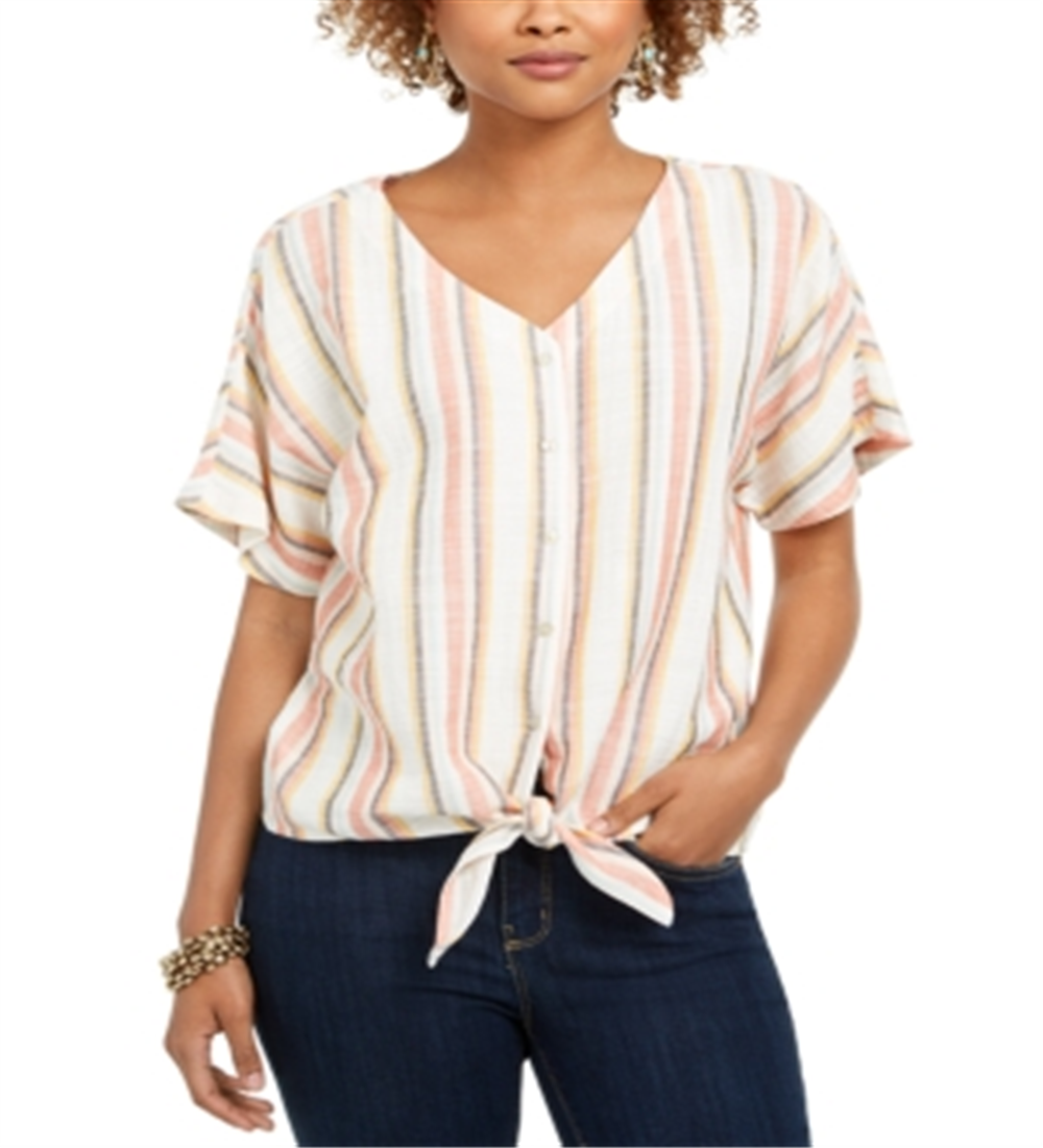 Style & Co Women's Striped Tie Front V Neck Top Pink Size Medium