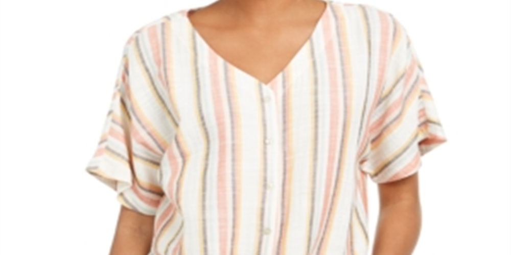 Style & Co Women's Striped Tie Front V Neck Top Pink Size Medium