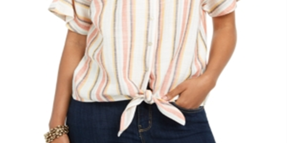 Style & Co Women's Striped Tie Front V Neck Top Pink Size Medium