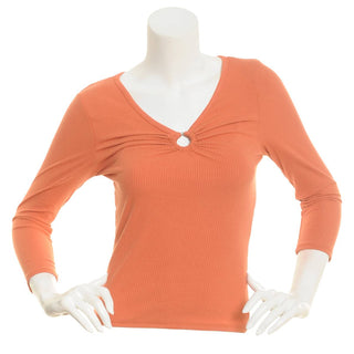 Almost Famous Juniors Ribbed Knit O-Ring Accent V-Neck Top Terracotta  Size Medium
