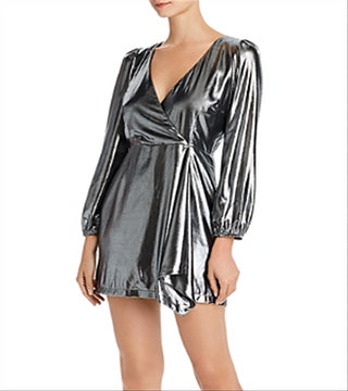 French Connection Women's Faux Wrap Coktail Mini Dress Silver Size 4