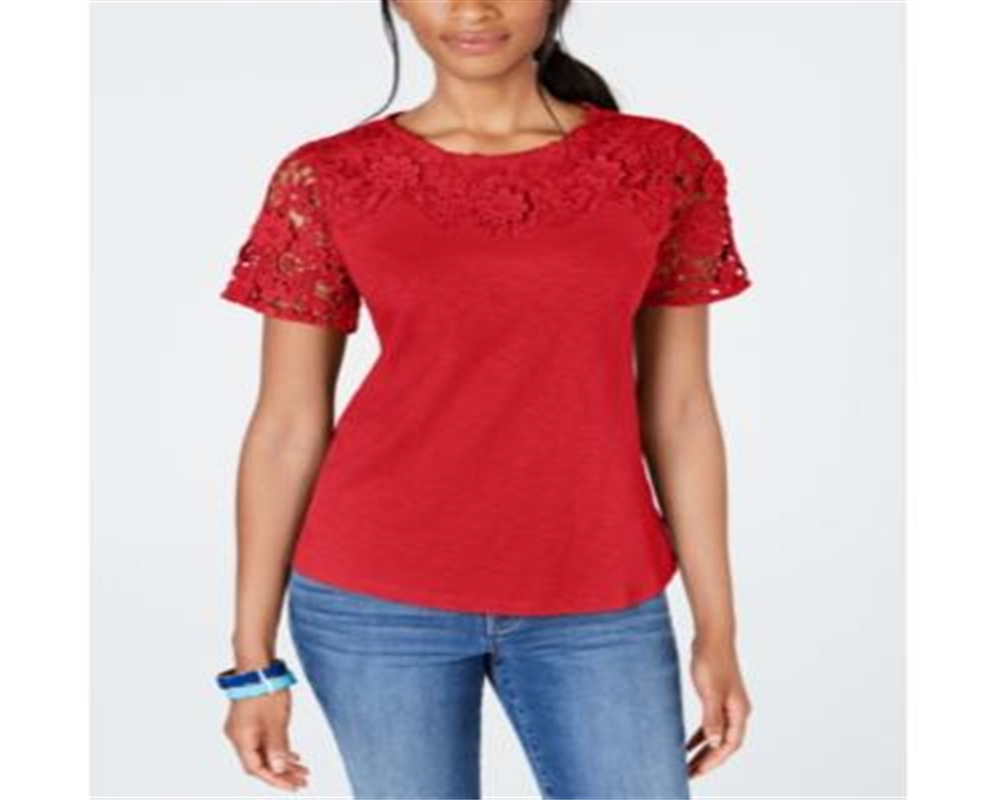 Charter Club Women's Cotton Embroidered T-Shirt Red Size Petite XL