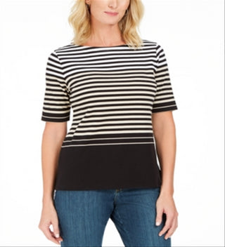 Karen Scott Women's Striped Boat Neck Top Brown Size Petite S