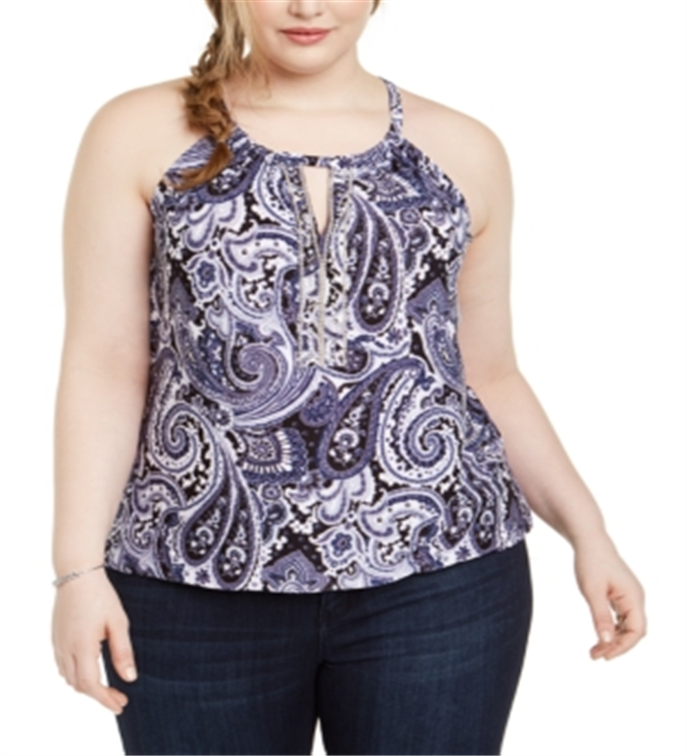 INC International Concepts Women's Printed Keyhole Cutout Embellished Top Blue Size 4X