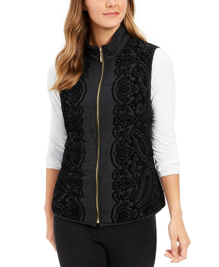 Charter Club Women's Velvet Flocked Puffer Vest Black Size Petite S