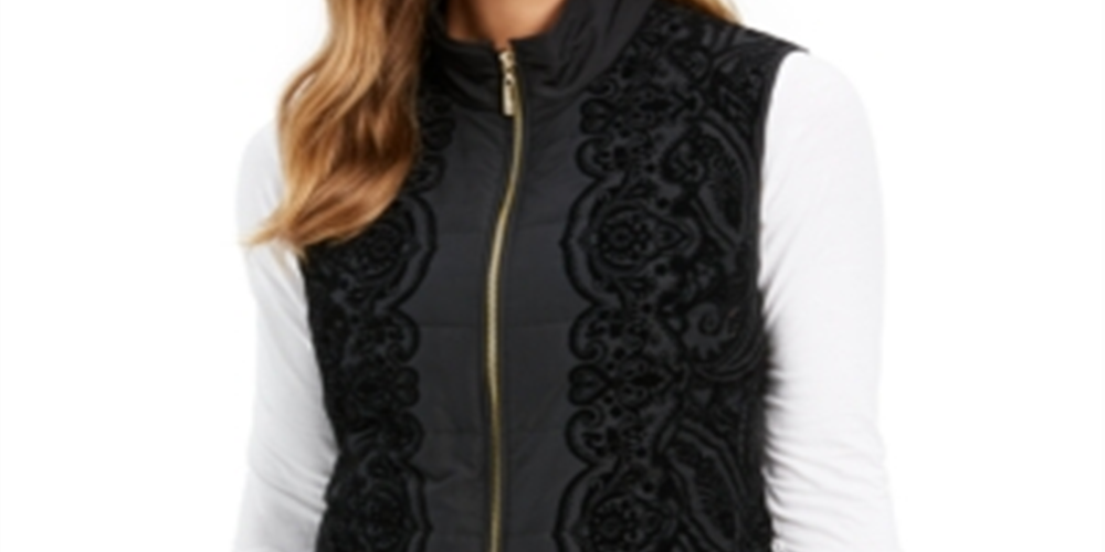 Charter Club Women's Velvet Flocked Puffer Vest Black Size Petite S