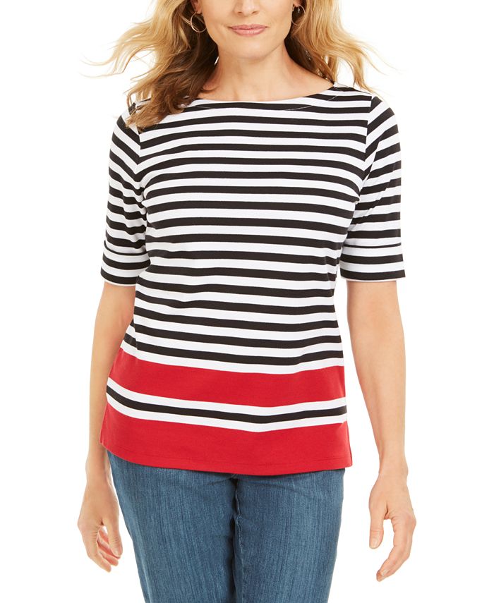 Karen Scott Women's Dahla Striped Boat Neck Top White Size Petite M