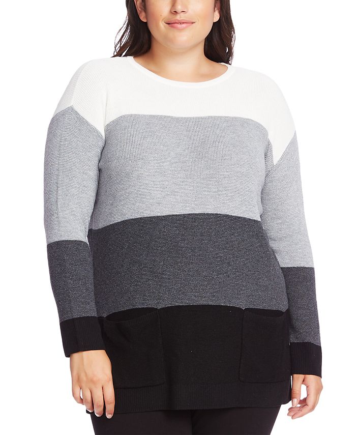 Vince Camuto Women's Plus Colorblock Waffle Tunic Sweater Gray Size 2X