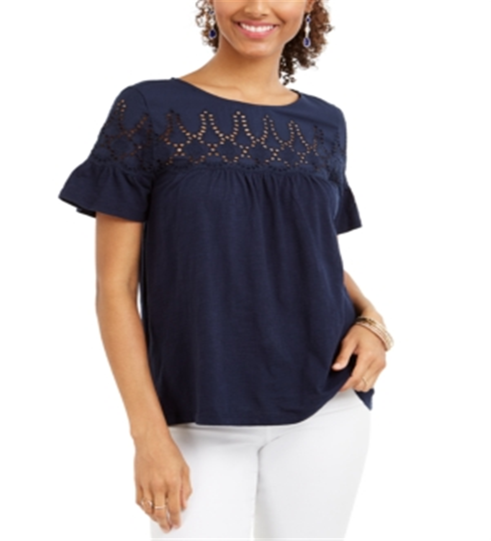 Style & Co Women's Eyelet Top Blue Size Petite S