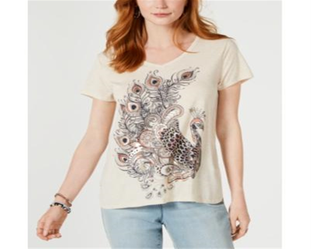 Style & Co Women's Graphic Step Hem Top Beige Size XXL