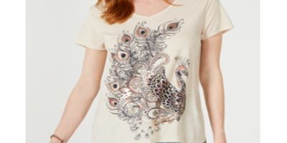 Style & Co Women's Graphic Step Hem Top Beige Size XXL