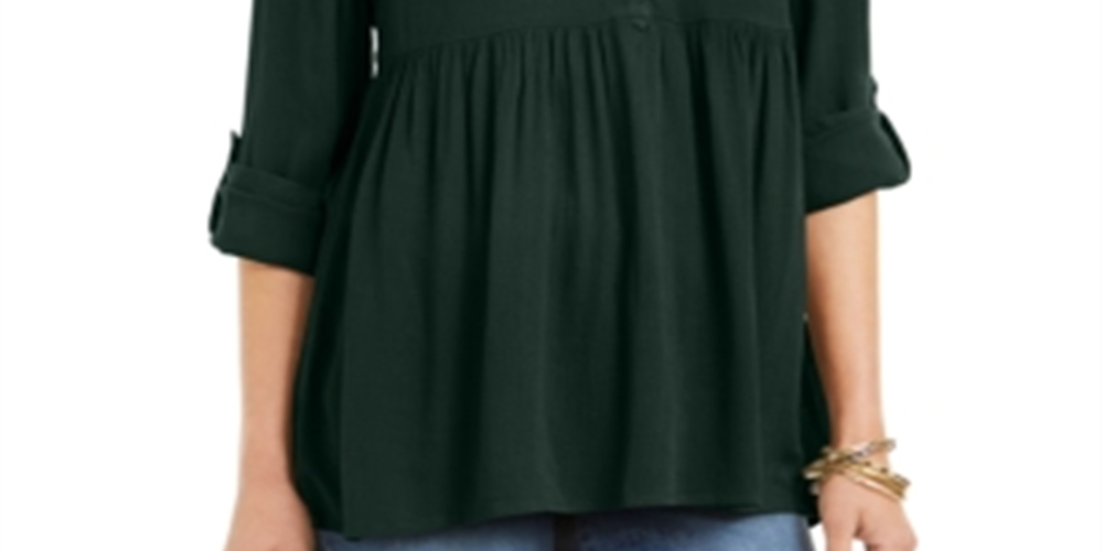 Style & Co Women's Roll Sleeve Oversized Shirt Green Size Small