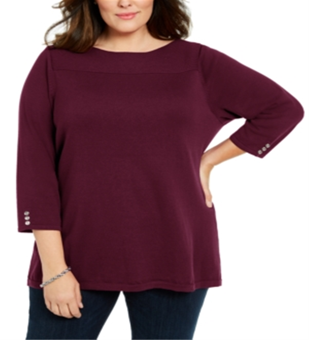Karen Scott Women's Plus Ribbed Ballet Neck Cotton Sweater Red Size 1X