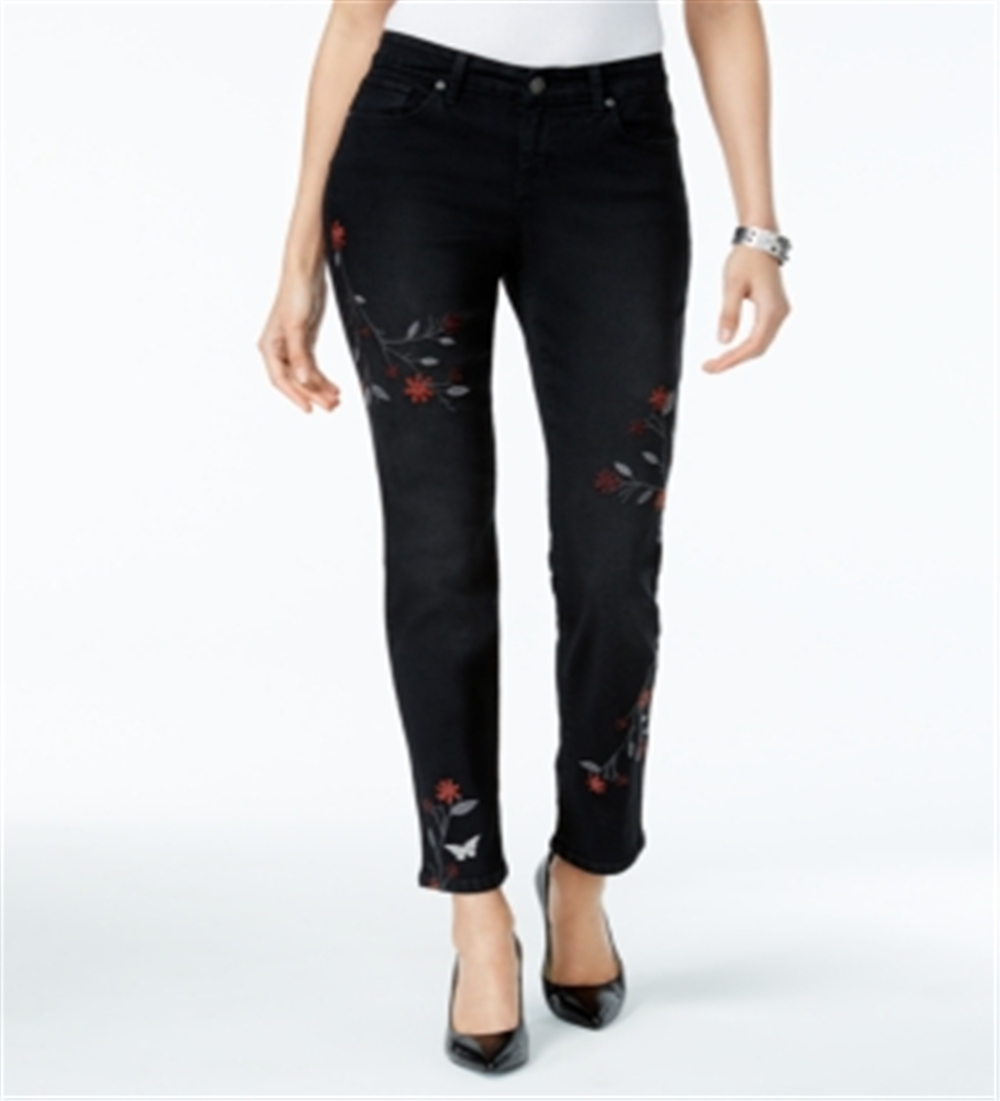 Style & Co Women's Embroidered Curvy Fit Slim Ankle Jeans Black Size 14