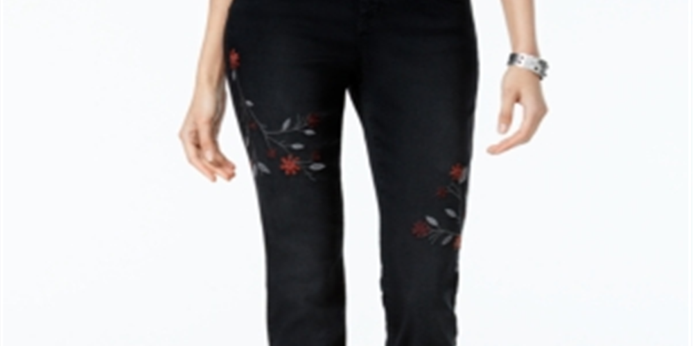 Style & Co Women's Embroidered Curvy Fit Slim Ankle Jeans Black Size 14