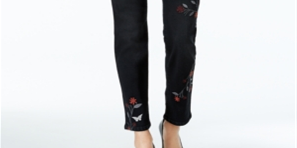 Style & Co Women's Embroidered Curvy Fit Slim Ankle Jeans Black Size 14