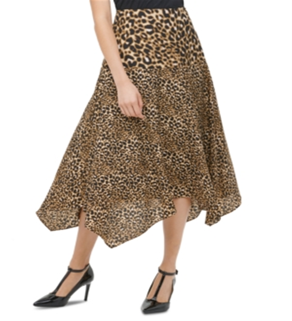 Calvin Klein Women's Leopard Print Handkerchief Hem Skirt Brown Size 12
