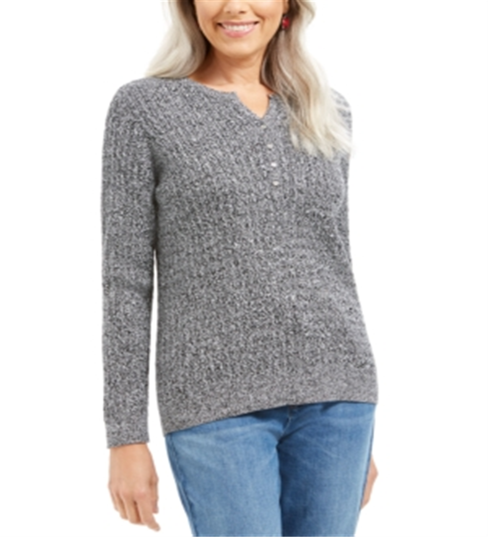 Karen Scott Women's Cable Knit Henley SweaterGray Size Medium