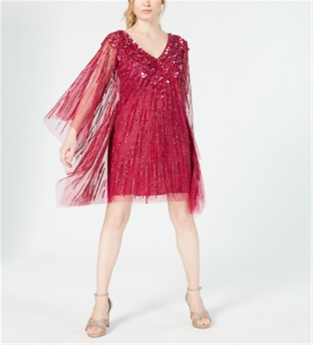 Adrianna Papell Women's Beaded Printed Sleeveless V Neck Above the Knee Cocktail Sheath Dress Pink Size Large