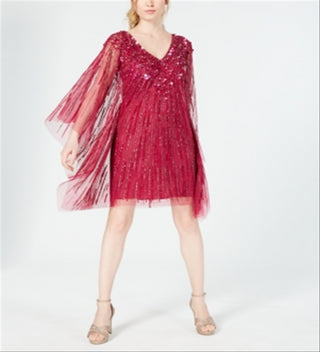 Adrianna Papell Women's Beaded Printed Sleeveless V Neck Above the Knee Cocktail Sheath Dress Pink Size Large