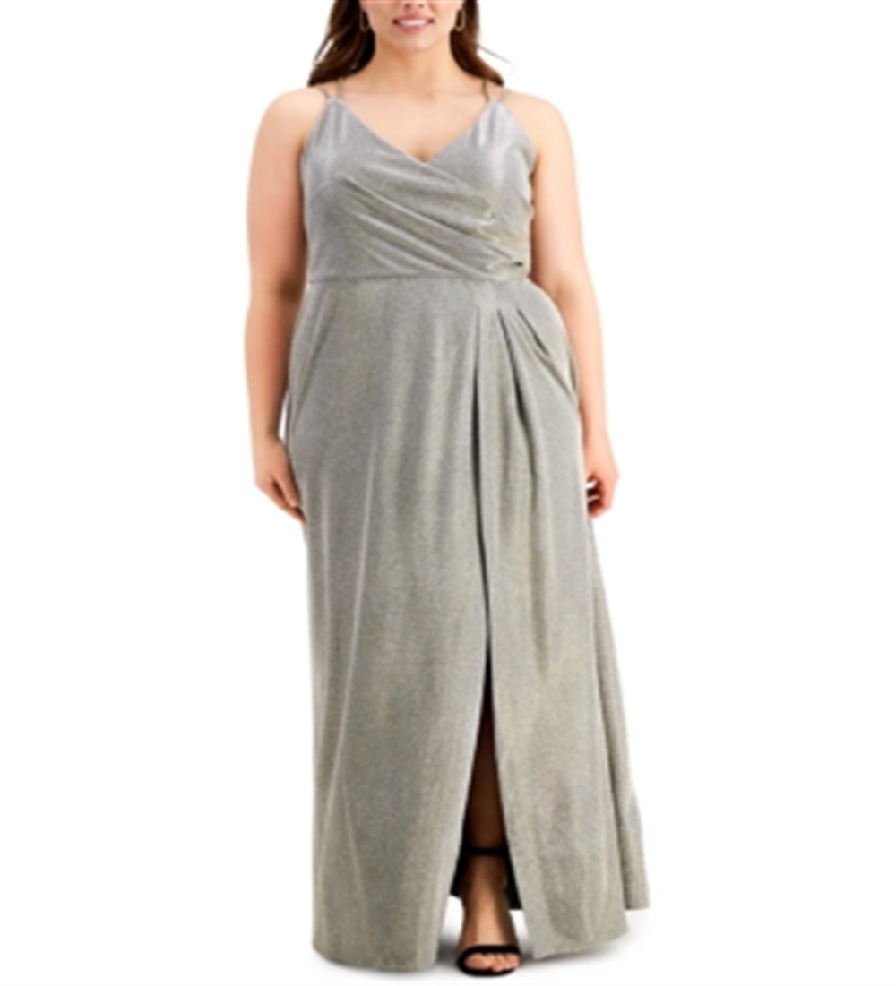 Morgan & Company Women's Trendy Plus Surplice Metallic Gown Yellow Size 22W