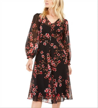 Calvin Klein Women's Floral Chiffon V Neck 3/4 Sleeve Fit Flare Dress Black Size 12
