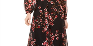 Calvin Klein Women's Floral Chiffon V Neck 3/4 Sleeve Fit Flare Dress Black Size 12