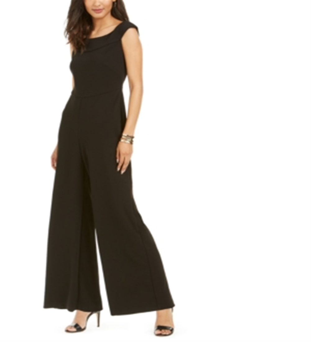 Connected Apparel Women's Stretch Zippered Darted Cap Sleeve Scoop Neck Party Wide Leg Jumpsuit Petites Black 12P