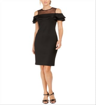 Calvin Klein Women's Zippered Short Sleeve Illusion Neckline Above the Knee Body Con Evening Dress Black Size 6