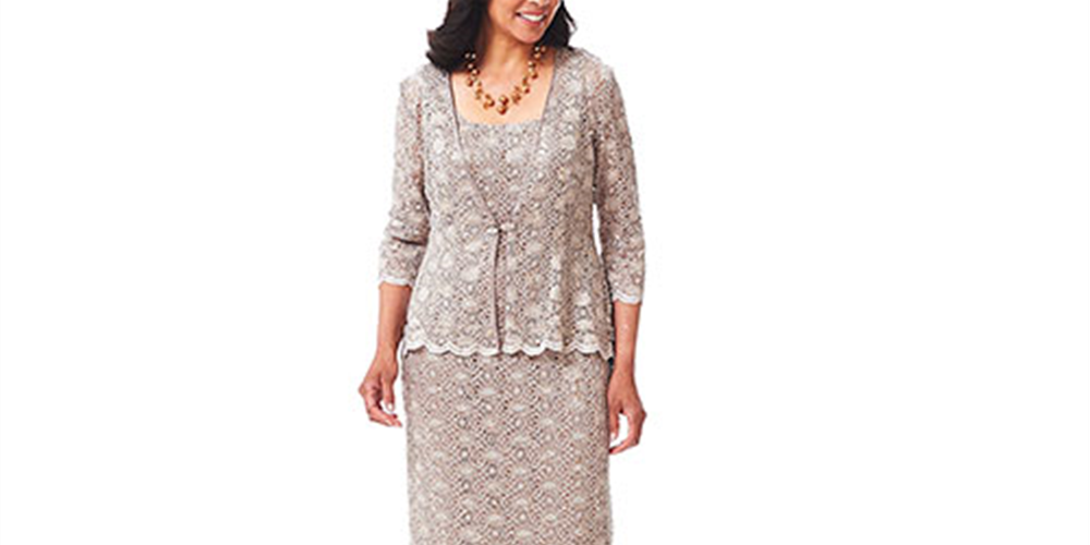 R & M Richards Women's Sequined with Jacket Scoop Neck MIDI Evening Dress Brown Size 14