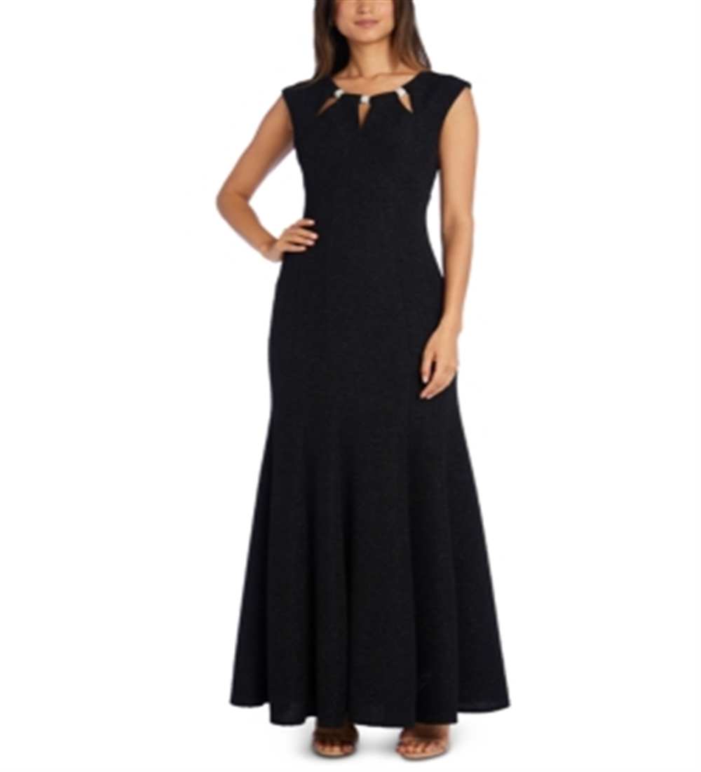 R&M Richards Women's Glitter Embellished Zippered Cap Sleeve Keyhole Maxi Mermaid Formal Dress Black Size 16