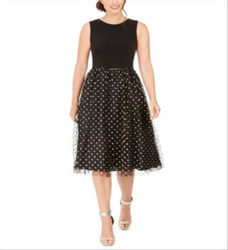 Calvin Klein Women's Glitter Zippered Polka Dot Sleeveless Jewel Neck Below the Knee Fit Flare Party Dress Black Size 16