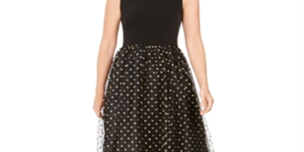 Calvin Klein Women's Glitter Zippered Polka Dot Sleeveless Jewel Neck Below the Knee Fit Flare Party Dress Black Size 16