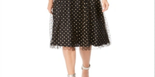 Calvin Klein Women's Glitter Zippered Polka Dot Sleeveless Jewel Neck Below the Knee Fit Flare Party Dress Black Size 16