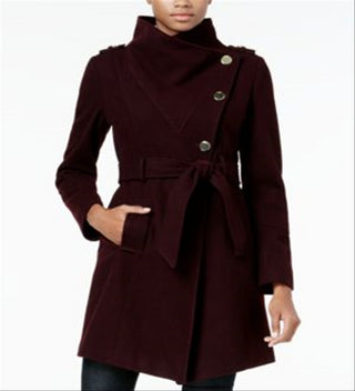 Guess Women's Asymmetrical Belted Walker Coat Wine Size XL