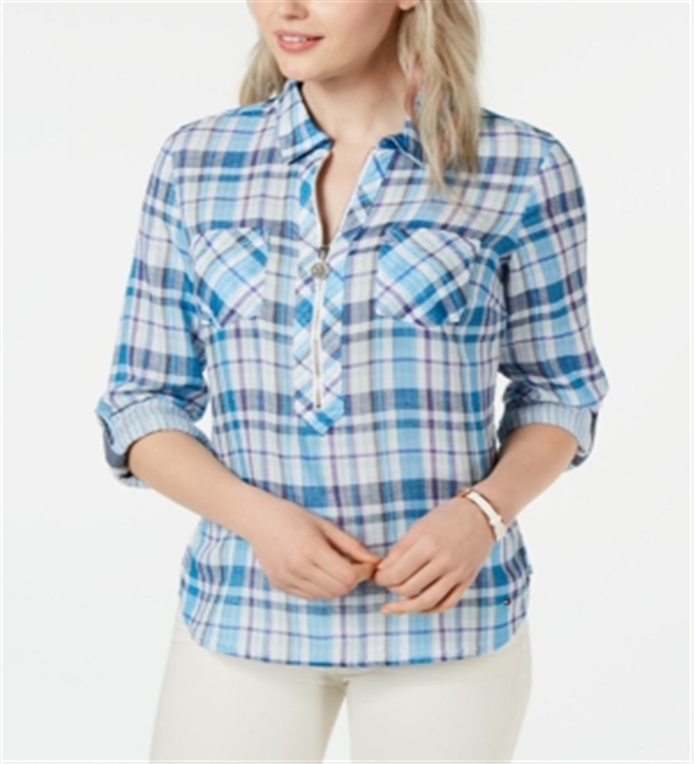 Tommy Hilfiger Women's Plaid Popover Zip up Shirt Blue Size S