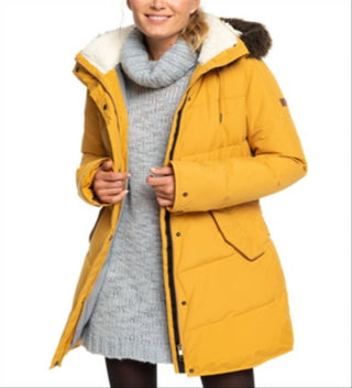 Roxy Junior's Ellie Hooded Faux Fur Trim Puffer Coat Yellow Size Small