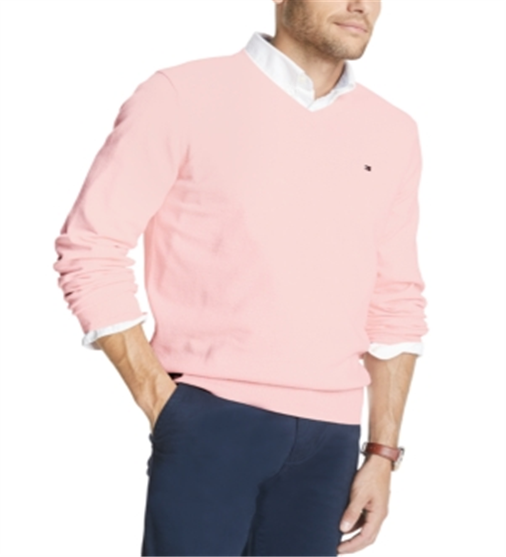Tommy Hilfiger Men's Signature Regular-Fit Solid V-Neck Sweater Pink Size L
