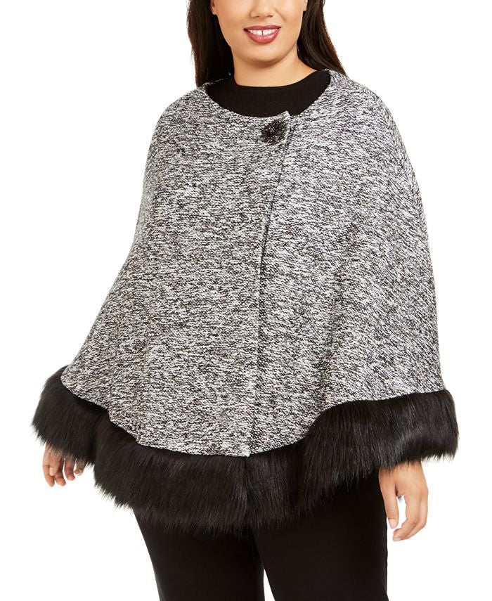 JM Collection Women's Plus Faux Fur TrimPoncho Black Size 0X/1X
