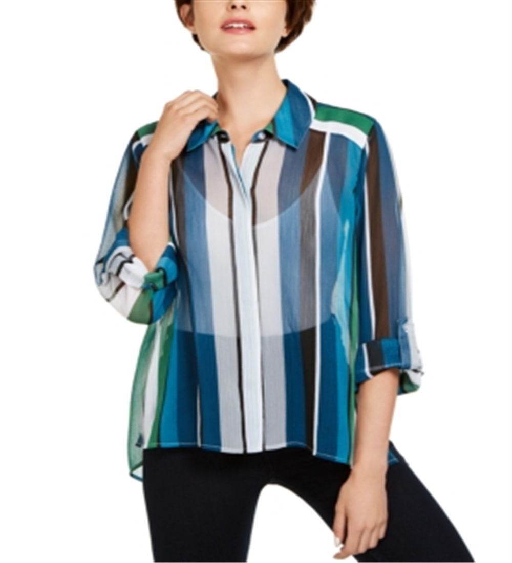 INC International Concepts Women's  Petite Vertical-Stripe Button-up Shirt Green Size Petite S