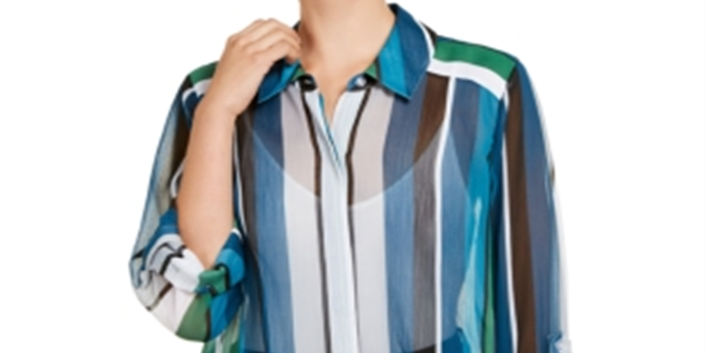 INC International Concepts Women's  Petite Vertical-Stripe Button-up Shirt Green Size Petite S