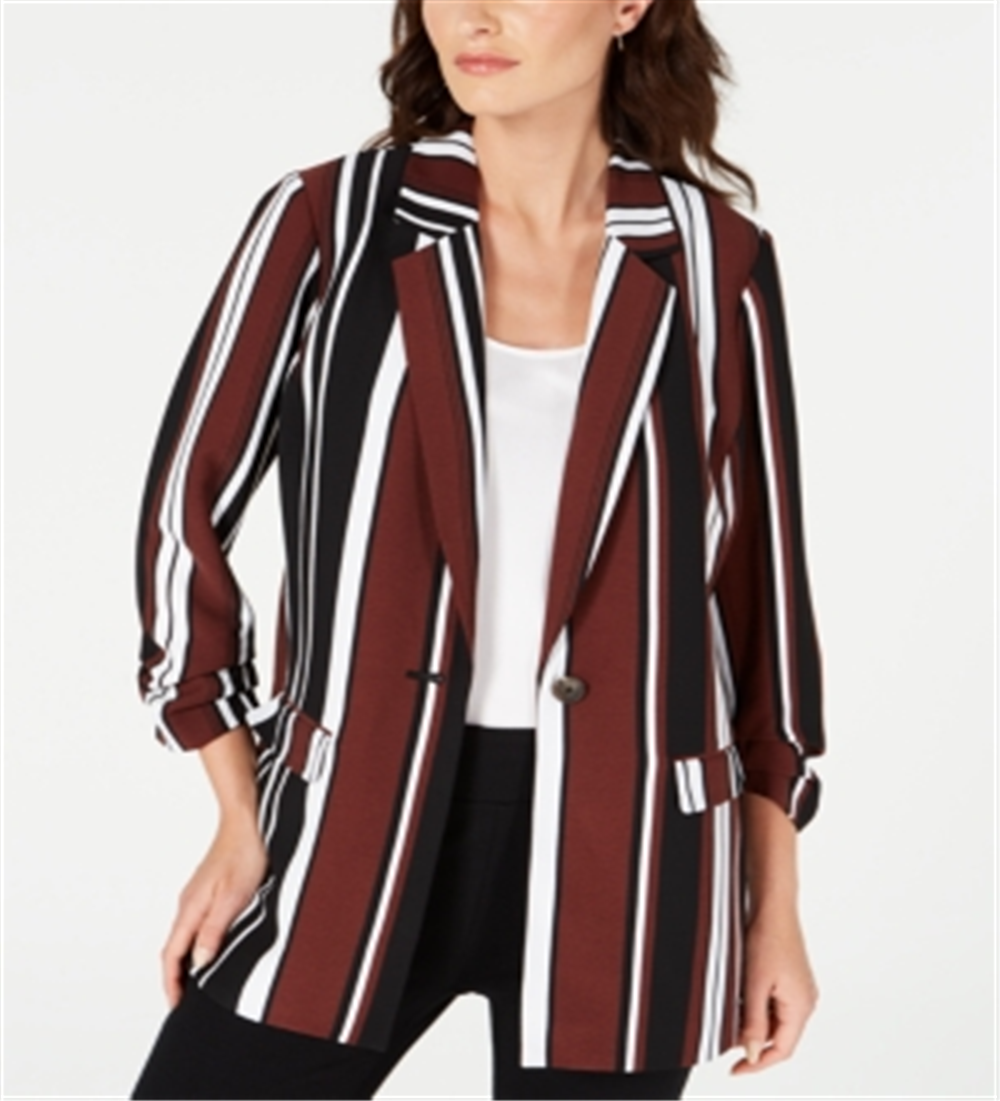 Alfani Women's Striped Ruched Sleeve Topper Jacket -Brown Size L
